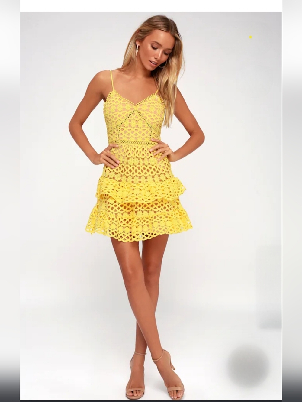 Lulus Lined Yellow Crochet Tiered Mini Dress, Sz S, Like New